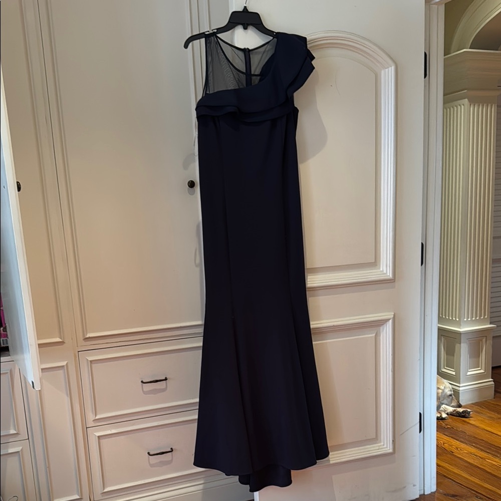 Frank Lyman Navy Blue One-Shoulder Dress, floor length with train, sz16